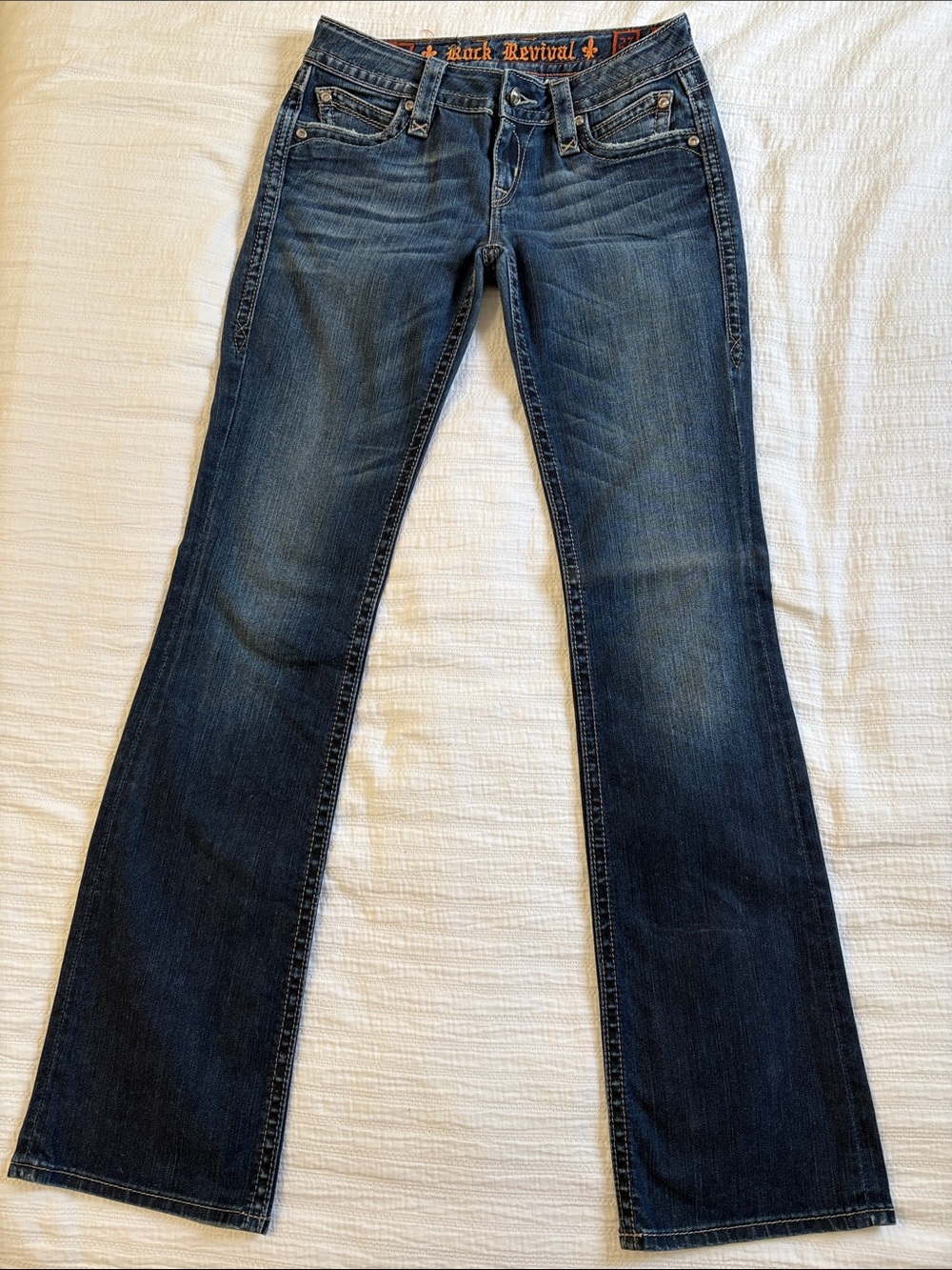 EUC Rock Revival Dark Blue Crystal Buttoned Elena Bootcut Jeans